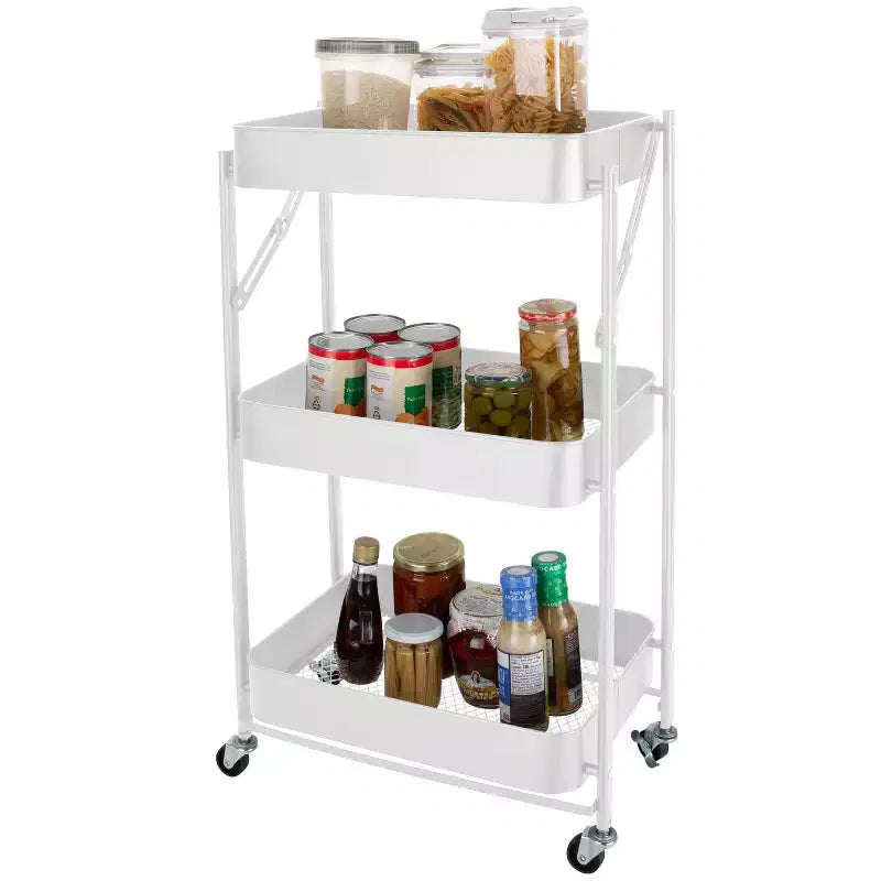 Chariot de rangement utilitaire à roulettes en métal pliable à 3 niveaux avec roues verrouillables Blanc