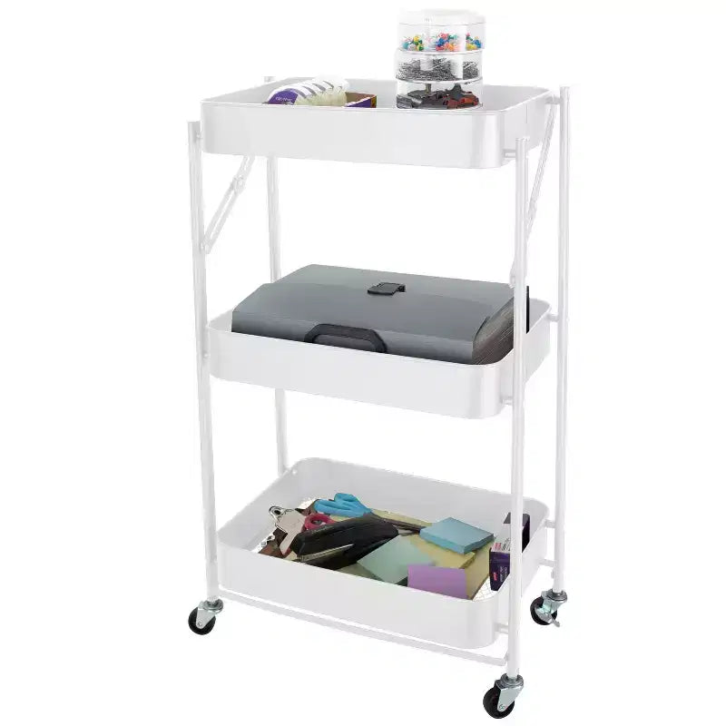 Chariot de rangement utilitaire à roulettes en métal pliable à 3 niveaux avec roues verrouillables Blanc