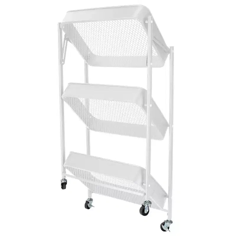 Chariot de rangement utilitaire à roulettes en métal pliable à 3 niveaux avec roues verrouillables Blanc