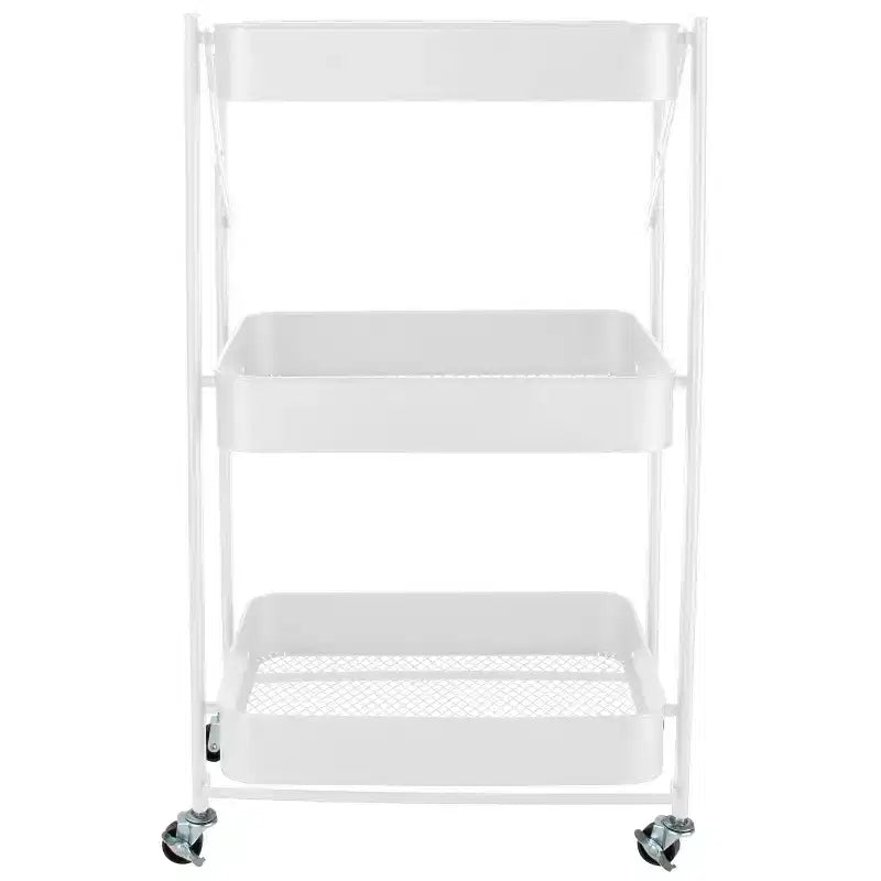 Chariot de rangement utilitaire à roulettes en métal pliable à 3 niveaux avec roues verrouillables Blanc