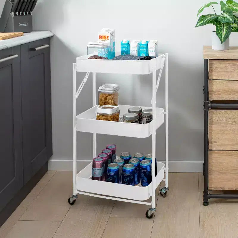 Chariot de rangement utilitaire à roulettes en métal pliable à 3 niveaux avec roues verrouillables Blanc