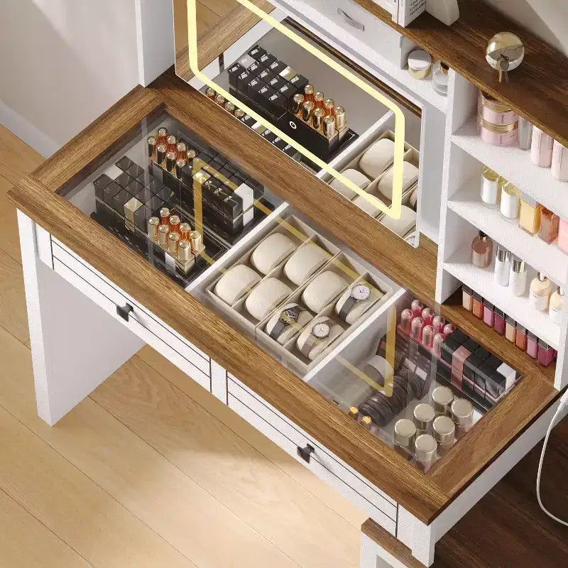 Coiffeuse avec miroir lumineux, bureau de maquillage avec 5 tiroirs, 6 étagères de rangement ouvertes, grande coiffeuse extensible avec station de recharge, verre