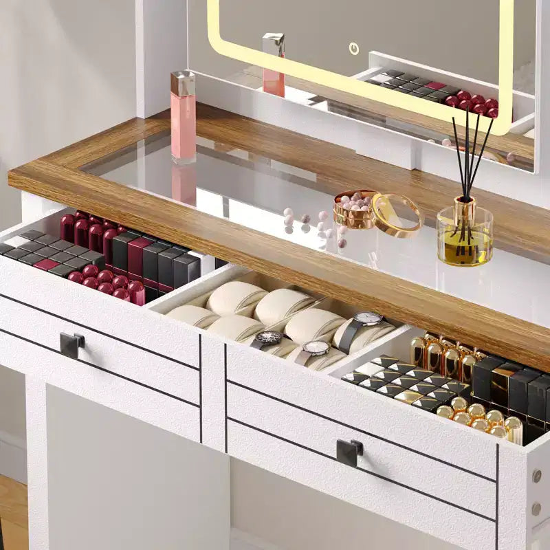 Coiffeuse avec miroir lumineux, bureau de maquillage avec 5 tiroirs, 6 étagères de rangement ouvertes, grande coiffeuse extensible avec station de recharge, verre