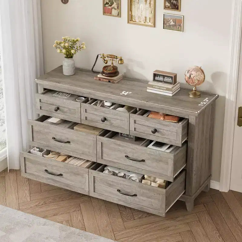 Commode de chambre, commode à tiroirs de 137 cm de large avec rangement autonome, commode de rangement en bois pour salon, chambre à coucher