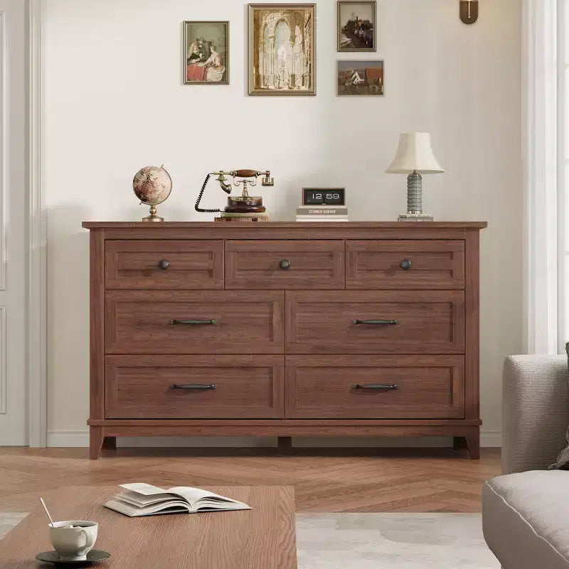 Commode de chambre, commode à tiroirs de 137 cm de large avec rangement autonome, commode de rangement en bois pour salon, chambre à coucher