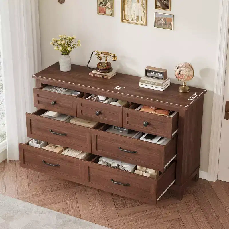 Commode de chambre, commode à tiroirs de 137 cm de large avec rangement autonome, commode de rangement en bois pour salon, chambre à coucher