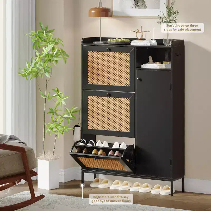 Meuble à chaussures autoportant à 3 niveaux avec rotin naturel, organiseur de chaussures avec étagères réglables, étagère à chaussures étroite pour couloir, noir