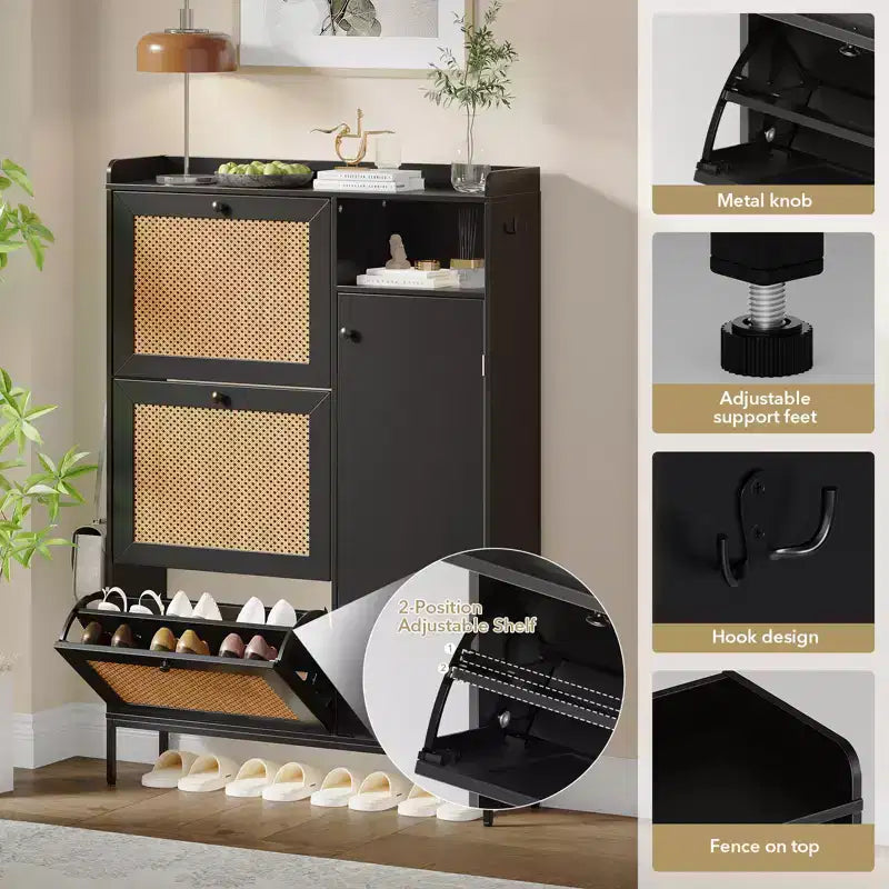 Meuble à chaussures autoportant à 3 niveaux avec rotin naturel, organiseur de chaussures avec étagères réglables, étagère à chaussures étroite pour couloir, noir