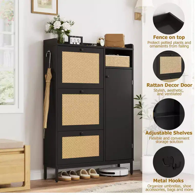 Meuble à chaussures autoportant à 3 niveaux avec rotin naturel, organiseur de chaussures avec étagères réglables, étagère à chaussures étroite pour couloir, noir