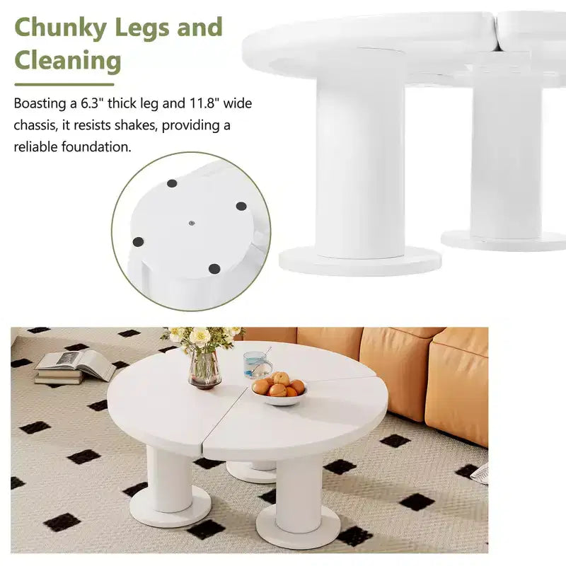 Table basse ronde en forme de pétale, Table basse de style crème avec 3 pieds épais, Table d'appoint irrégulière minimaliste aux bords arrondis et lisses