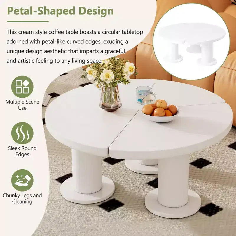 Table basse ronde en forme de pétale, Table basse de style crème avec 3 pieds épais, Table d'appoint irrégulière minimaliste aux bords arrondis et lisses