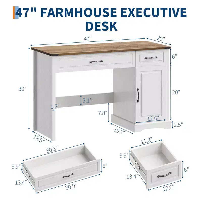 47 Inch Farmhouse Executive Desk, Rustic Home Office Desk with Drawers Storage, Wood Computer Desk Writing Workstation for Home Office & Study