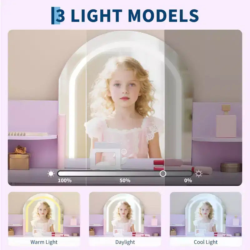 Coiffeuse pour enfants avec miroir, table et tabouret de coiffeuse 2 en 1 pour petites filles, table de maquillage pour enfants avec étagère, tiroir et étagères ouvertes pour les filles de 3 à 9 ans