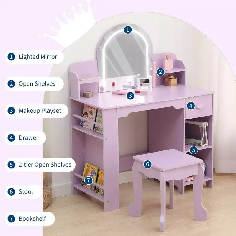 Coiffeuse pour enfants avec miroir, table et tabouret de coiffeuse 2 en 1 pour petites filles, table de maquillage pour enfants avec étagère, tiroir et étagères ouvertes pour les filles de 3 à 9 ans