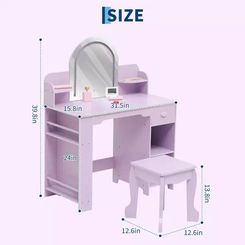 Coiffeuse pour enfants avec miroir, table et tabouret de coiffeuse 2 en 1 pour petites filles, table de maquillage pour enfants avec étagère, tiroir et étagères ouvertes pour les filles de 3 à 9 ans
