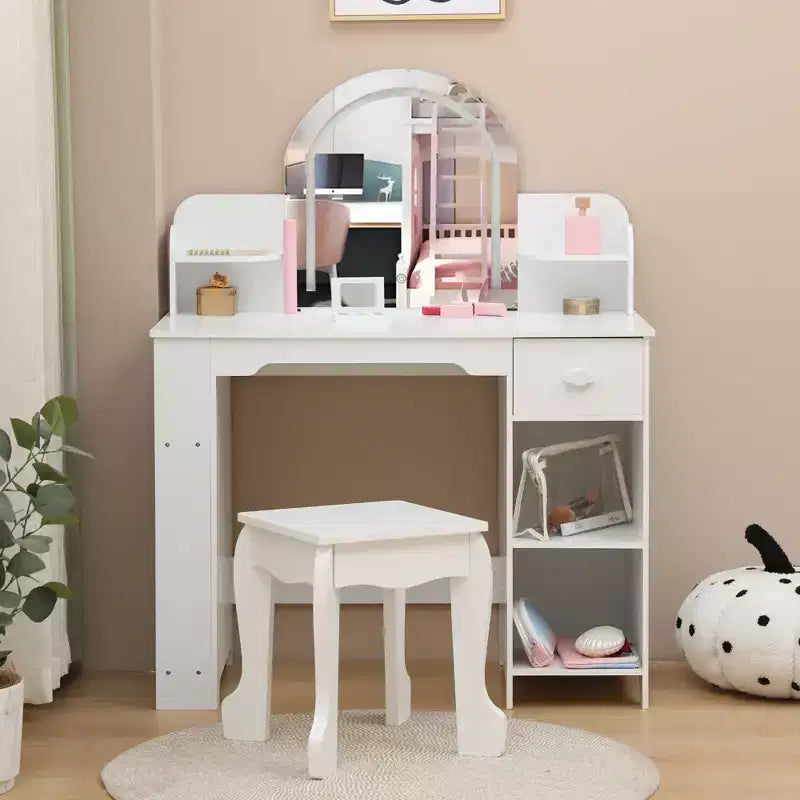 Coiffeuse pour enfants avec miroir, table et tabouret de coiffeuse 2 en 1 pour petites filles, table de maquillage pour enfants avec étagère, tiroir et étagères ouvertes pour les filles de 3 à 9 ans