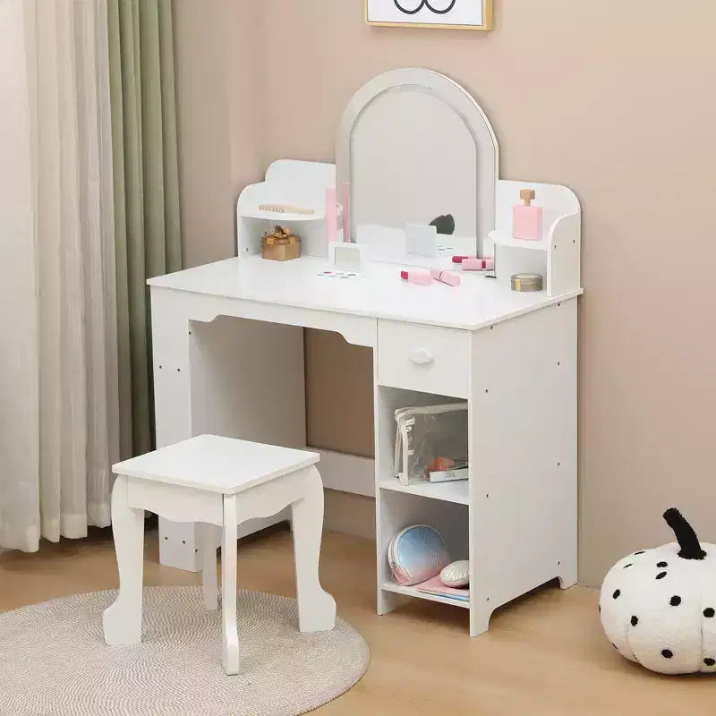 Coiffeuse pour enfants avec miroir, table et tabouret de coiffeuse 2 en 1 pour petites filles, table de maquillage pour enfants avec étagère, tiroir et étagères ouvertes pour les filles de 3 à 9 ans
