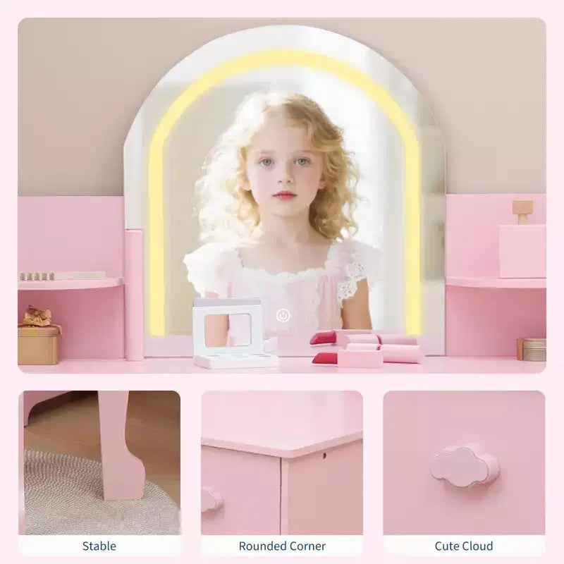 Coiffeuse pour enfants avec miroir, table et tabouret de coiffeuse 2 en 1 pour petites filles, table de maquillage pour enfants avec étagère, tiroir et étagères ouvertes pour les filles de 3 à 9 ans