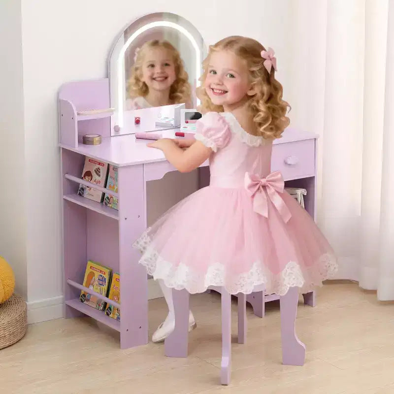 Coiffeuse pour enfants avec miroir, table et tabouret de coiffeuse 2 en 1 pour petites filles, table de maquillage pour enfants avec étagère, tiroir et étagères ouvertes pour les filles de 3 à 9 ans