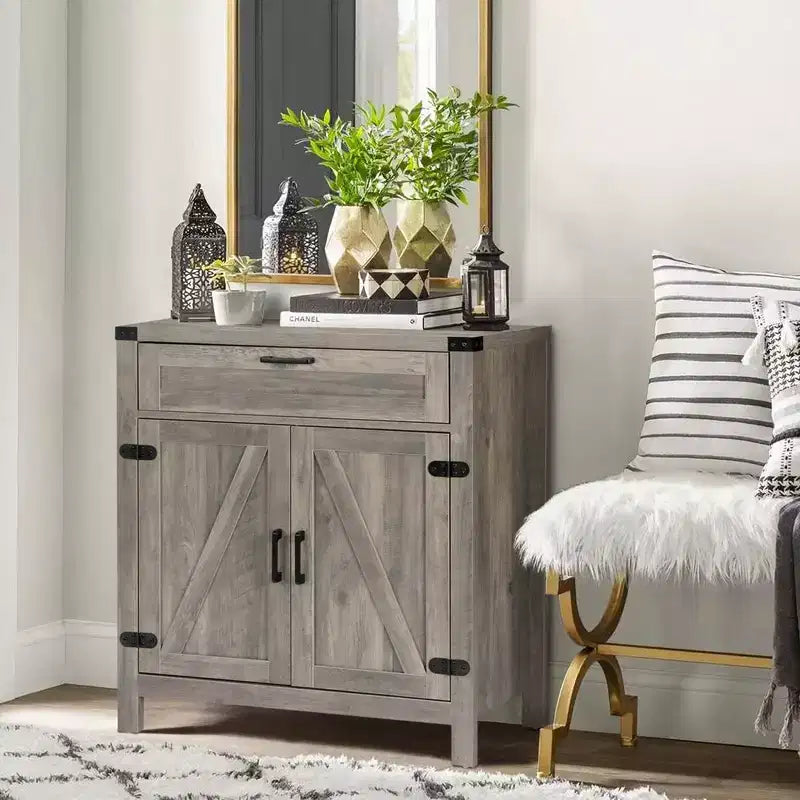 Buffet bahut de ferme moderne avec tiroir, armoire de rangement avec portes et étagères réglables, meuble bar à café, gris cendré