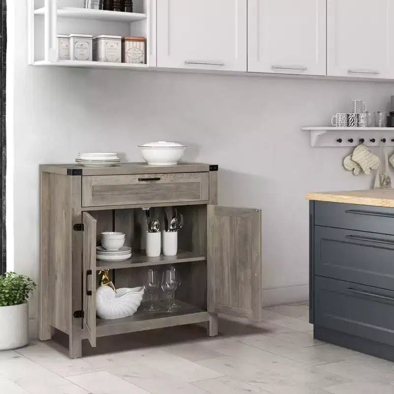 Buffet bahut de ferme moderne avec tiroir, armoire de rangement avec portes et étagères réglables, meuble bar à café, gris cendré