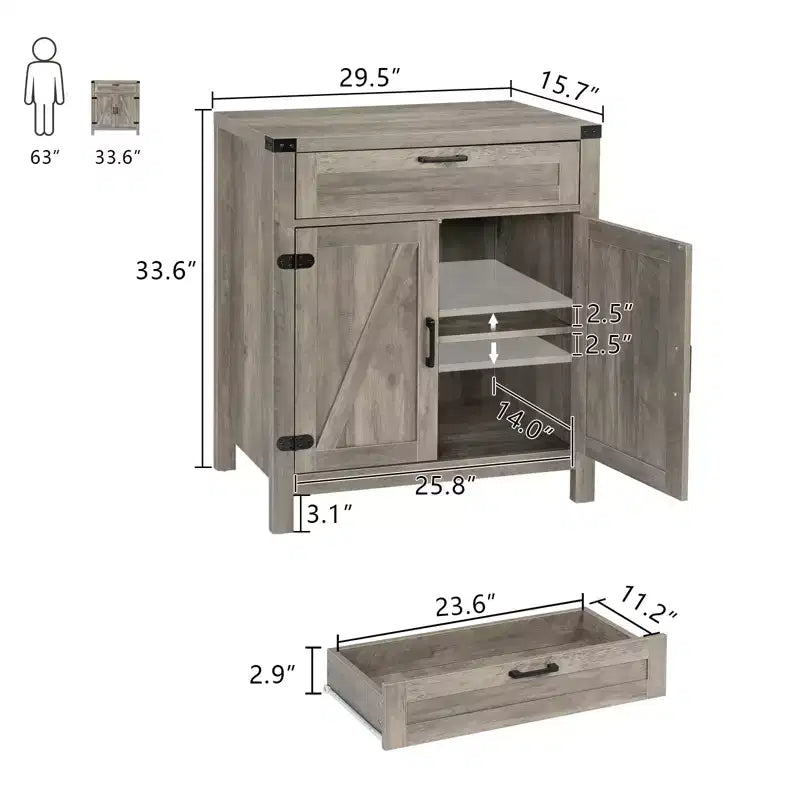 Buffet bahut de ferme moderne avec tiroir, armoire de rangement avec portes et étagères réglables, meuble bar à café, gris cendré