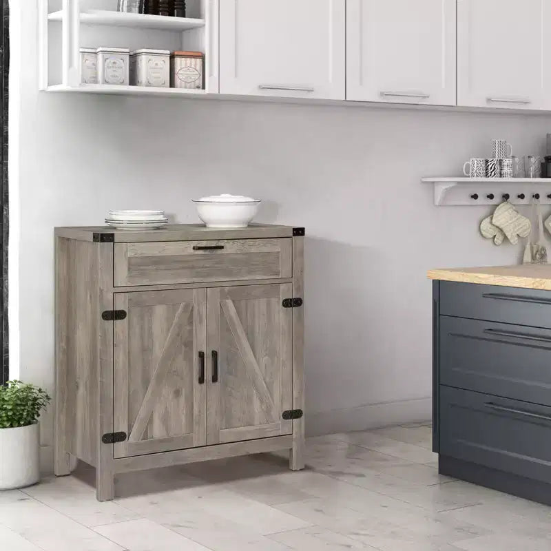 Buffet bahut de ferme moderne avec tiroir, armoire de rangement avec portes et étagères réglables, meuble bar à café, gris cendré