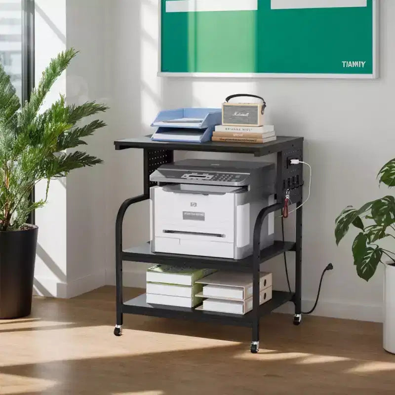 Meuble d'imprimante 3D grand format à 3 niveaux avec prise de courant/port USB, chariot d'imprimante roulant avec étagère réglable, table pour imprimante laser (noir)