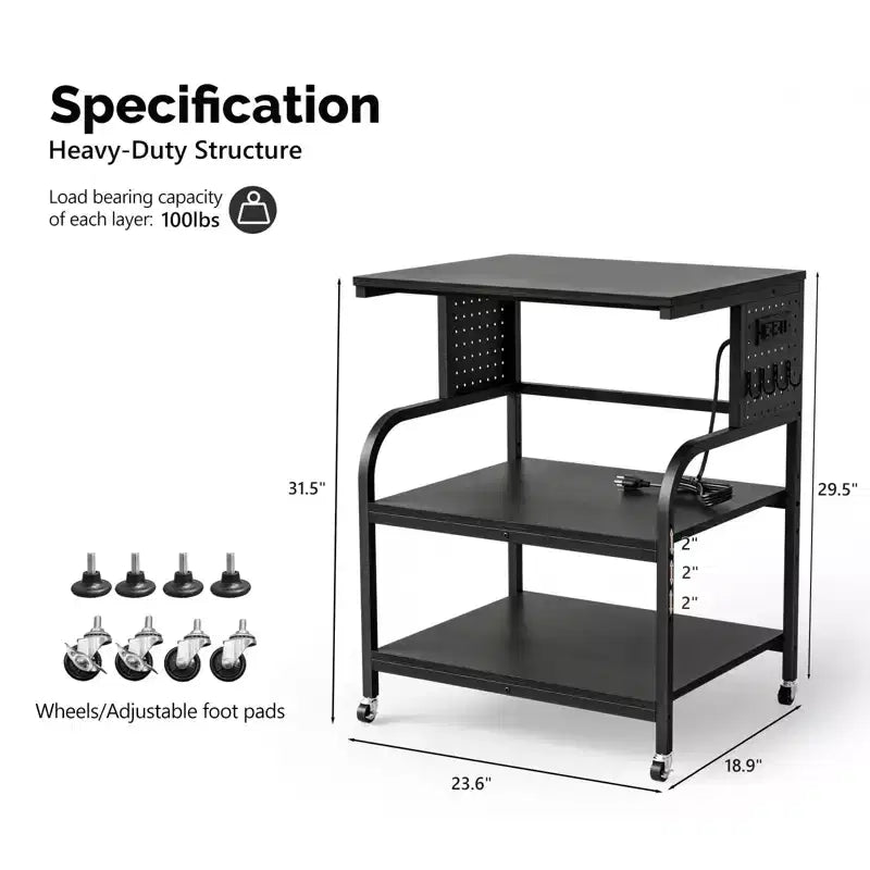 Meuble d'imprimante 3D grand format à 3 niveaux avec prise de courant/port USB, chariot d'imprimante roulant avec étagère réglable, table pour imprimante laser (noir)