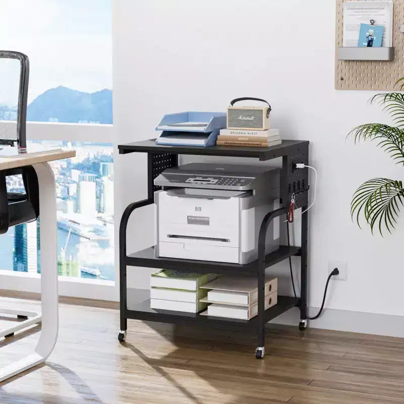 Meuble d'imprimante 3D grand format à 3 niveaux avec prise de courant/port USB, chariot d'imprimante roulant avec étagère réglable, table pour imprimante laser (noir)