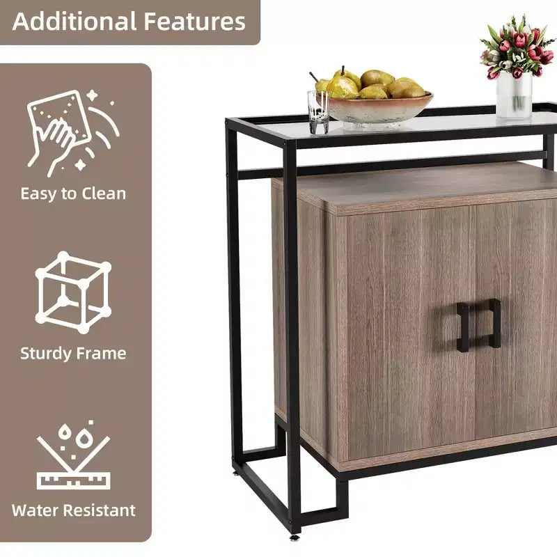 Meuble en bois à trois couches avec verre trempé, buffet avec cadre en acier noir, marron