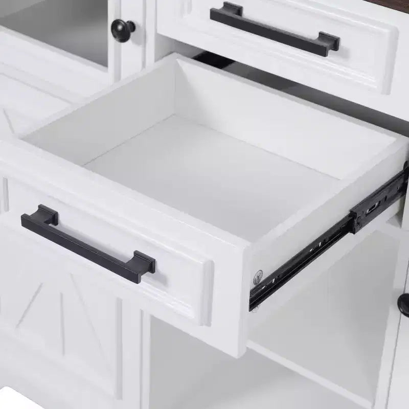 Îlot de cuisine, abattant, prise de courant, portes de grange croisées et 4 roulettes