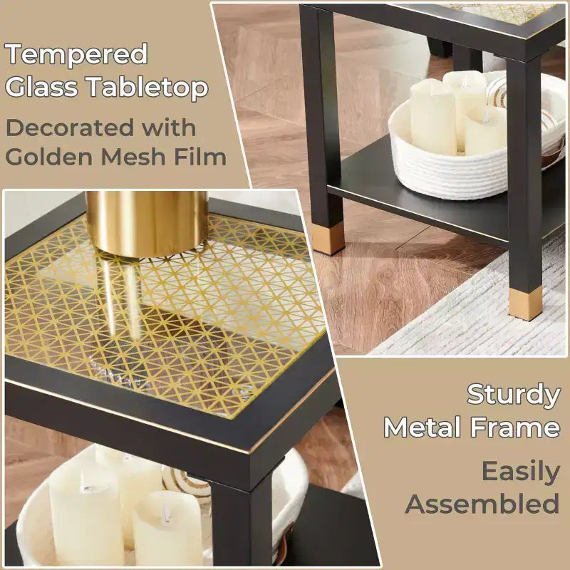 Table d'appoint mi-siècle en métal et verre - Étagère de rangement et hauteur adaptée pour canapé