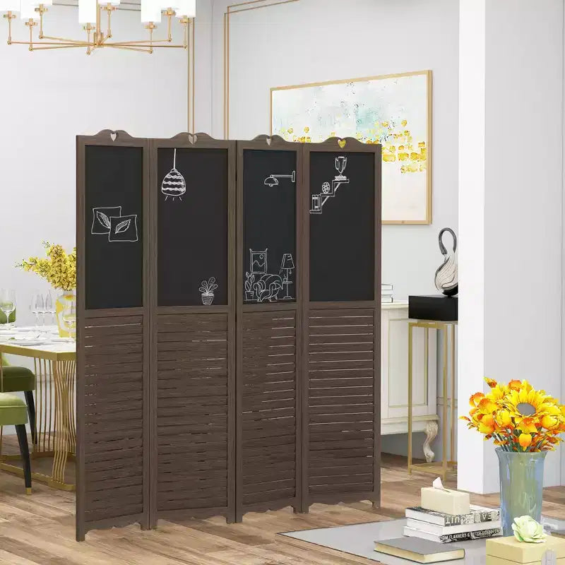 Paravent pliant à 4 panneaux avec tableau noir, paravent autoportant pour chambre et bureau, Noyer Marron
