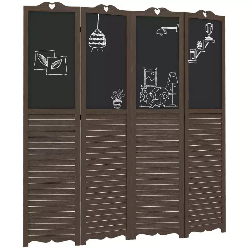 Paravent pliant à 4 panneaux avec tableau noir, paravent autoportant pour chambre et bureau, Noyer Marron