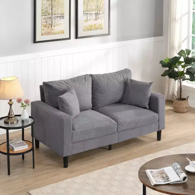 Causeuse à cadre en bois en velours côtelé, confortable pour petit espace de vie, gris