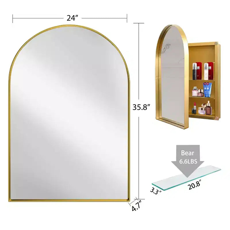 Armoire à pharmacie encastrée arquée 24x36 pouces, armoire murale de salle de bain à cadre métallique avec miroir et étagères réglables