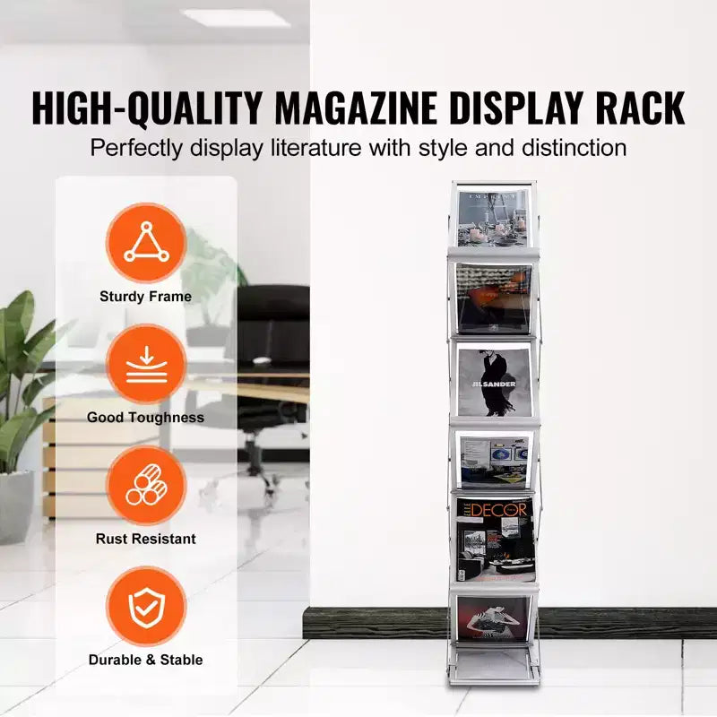 Présentoir à magazines pliable, présentoir à brochures pop-up à 6 poches, présentoir à documents de catalogue double face, argent