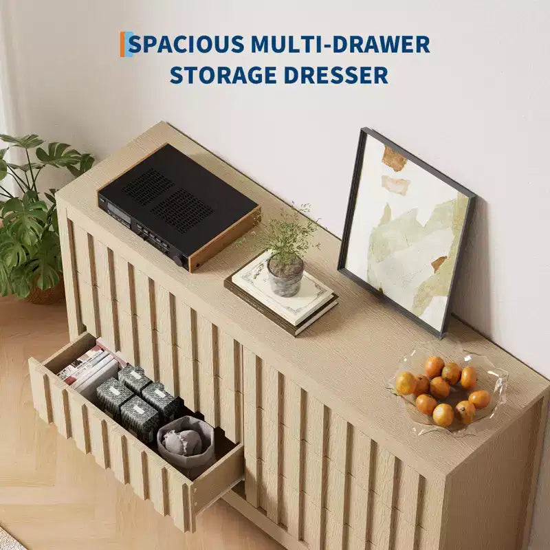 Commode cannelée pour chambre à coucher avec 6 tiroirs, commode moderne sans poignées, commode en bois, organisateur de placard à vêtements en bois avec rangement profond