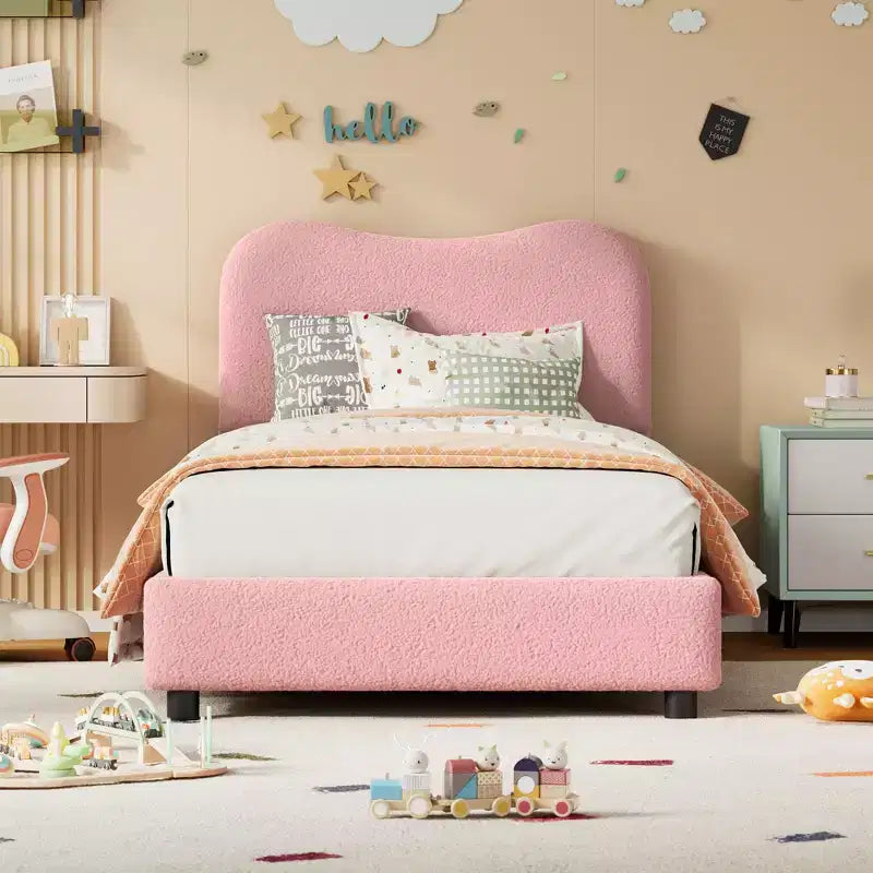 Cadre de lit enfant en velours avec tête de lit - Lit plateforme bas pour adolescents, pas besoin de sommier tapissier, tissu douillet, silencieux et facile à assembler