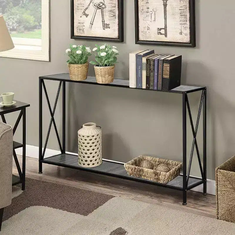 Table de rangement d'entrée simple à 2 couches en forme de X, cadre latéral en panneau de fibres à densité moyenne, cadre en fer 120 * 23 * 74cm, plateau gris, cadre noir.