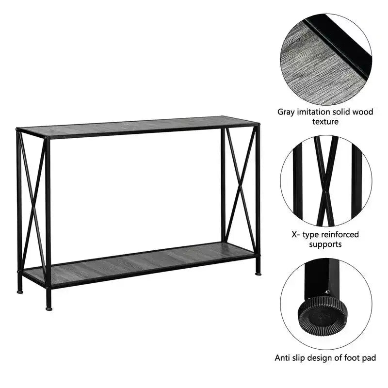Table de rangement d'entrée simple à 2 couches en forme de X, cadre latéral en panneau de fibres à densité moyenne, cadre en fer 120 * 23 * 74cm, plateau gris, cadre noir.