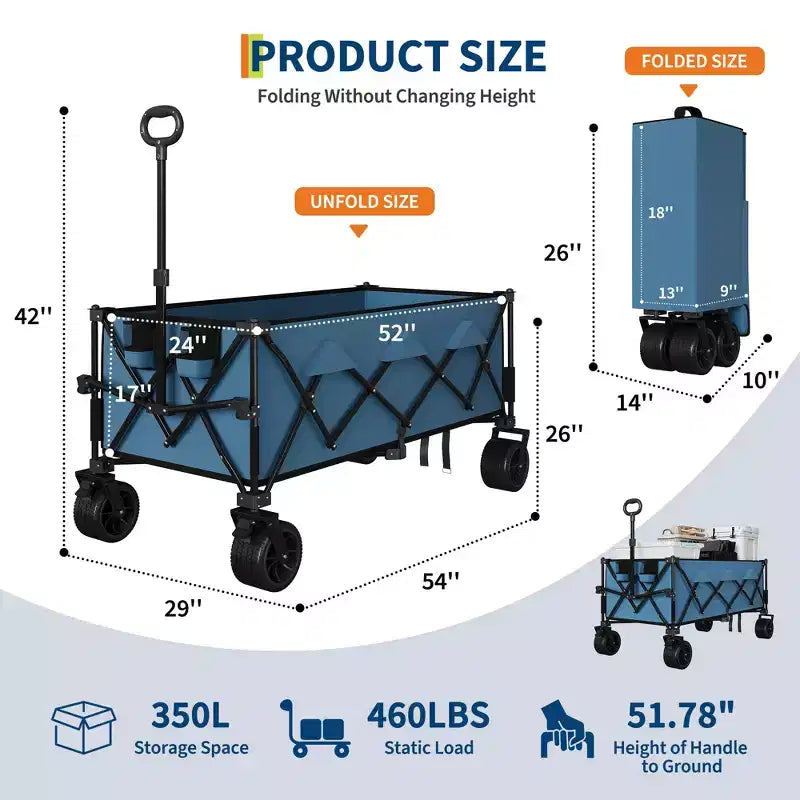 Chariot utilitaire pliant avec roues tout-terrain, chariot de plage pliable robuste, chariot portable pour l'épicerie, le sable, le camping, bleu