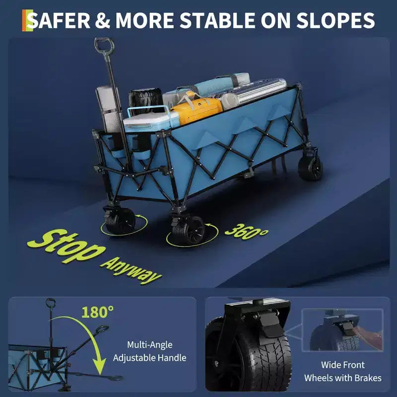 Chariot utilitaire pliant avec roues tout-terrain, chariot de plage pliable robuste, chariot portable pour l'épicerie, le sable, le camping, bleu