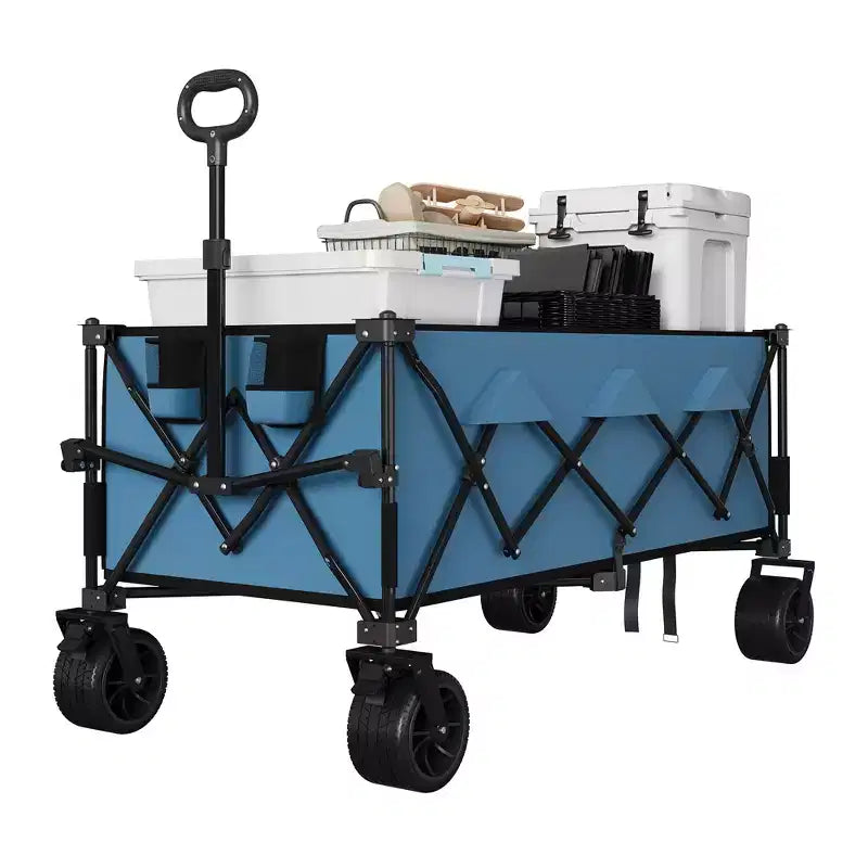 Chariot utilitaire pliant avec roues tout-terrain, chariot de plage pliable robuste, chariot portable pour l'épicerie, le sable, le camping, bleu