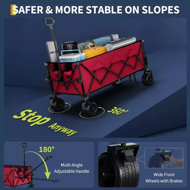Chariot utilitaire pliant avec roues tout-terrain, chariot de plage pliable robuste, chariot portable pour l'épicerie, le sable, le camping, bleu