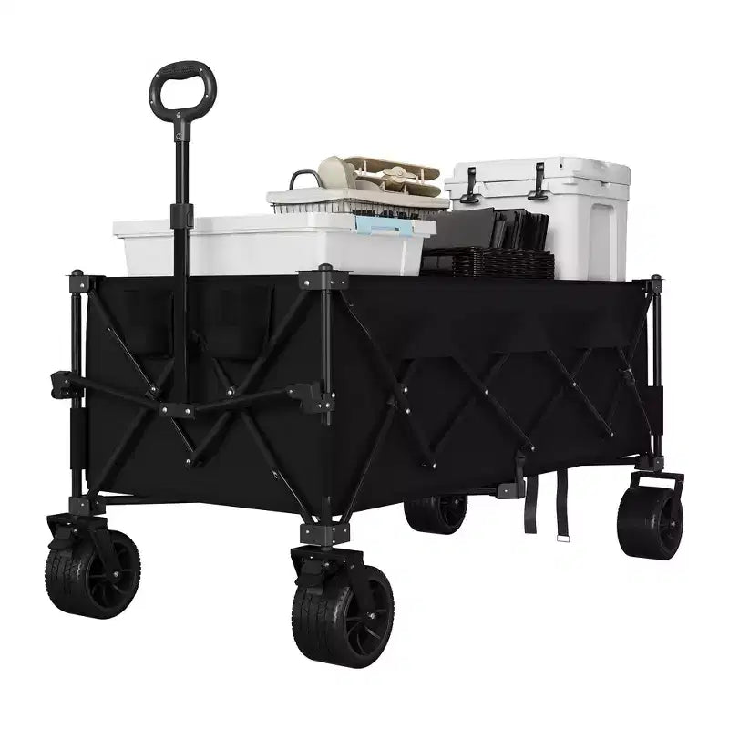Chariot utilitaire pliant avec roues tout-terrain, chariot de plage pliable robuste, chariot portable pour l'épicerie, le sable, le camping, bleu