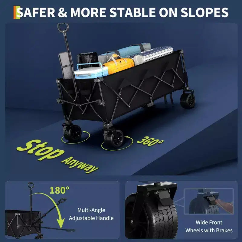 Chariot utilitaire pliant avec roues tout-terrain, chariot de plage pliable robuste, chariot portable pour l'épicerie, le sable, le camping, bleu