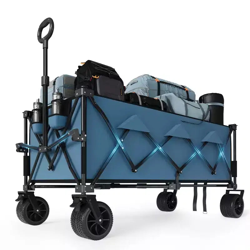 Chariot utilitaire pliant avec roues tout-terrain, chariot de plage pliable robuste, chariot portable pour l'épicerie, le sable, le camping, bleu