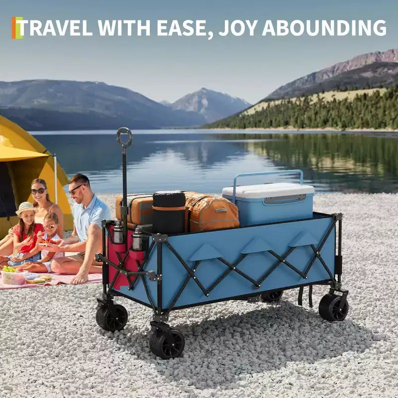 Chariot utilitaire pliant avec roues tout-terrain, chariot de plage pliable robuste, chariot portable pour l'épicerie, le sable, le camping, bleu